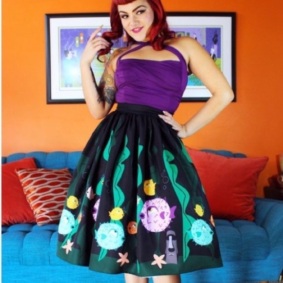 The Oblong Box Shop Puffer Fish Skirt Tiki Beach Pinup Small Midi Retro Starfish - Picture 3 of 16